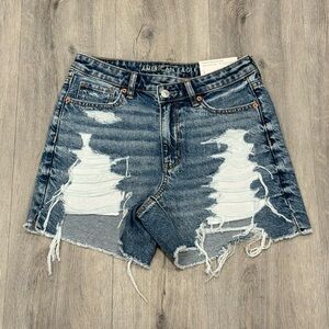 American Eagle Outfitters Highest Rise Blue Distressed Denim Baggy Jean Shorts